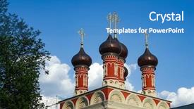  Presentation with church blue - Colorful presentation theme enhanced with church blue sky with clouds backdrop and a teal colored foreground