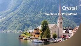  Presentation with alps - Presentation design consisting of church building - classic view of hallstatt village background and a teal colored foreground