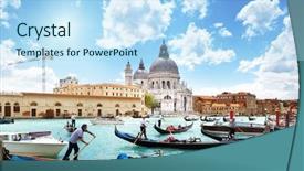  Presentation with canal - PPT theme consisting of church building - gondolas on canal and basilica background and a sky blue colored foreground