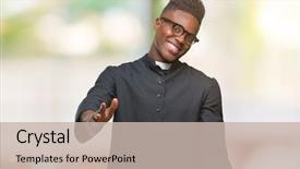  Presentation with african american church - Slide set consisting of church friendship - young african american priest man background and a soft green colored foreground