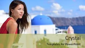  Presentation with greece blue - Colorful slide set enhanced with church girls - santorini woman europe cruise travel backdrop and a yellow colored foreground