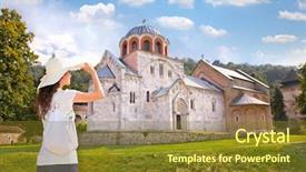  Presentation with monastery - Presentation design having ledenoto ice lake and clouds over musala peak rila mountain bulgaria background and a violet colored foreground