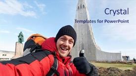  Presentation with travel - Slide deck consisting of church hats - happy caucasian man taking travel background and a  colored foreground