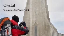  Presentation with adventure - Cool new PPT theme with church hats - rear view adventure travel backpack backdrop and a  colored foreground