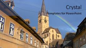  Presentation with medieval church - Presentation theme featuring church in old town romania background and a teal colored foreground