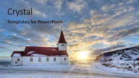  Presentation with colored - Beautiful presentation design featuring church in vik town iceland backdrop and a seafoam green colored foreground