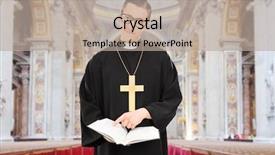  Presentation with bible dictionary - Audience pleasing PPT layouts consisting of church interior - young male priest pointing backdrop and a mint green colored foreground