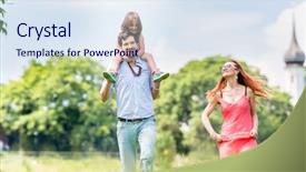  Presentation with kids church - Audience pleasing PPT theme consisting of church kids - family walking on meadow having backdrop and a sky blue colored foreground