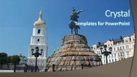  Presentation with ukranian - Theme with church leader - monument of famous ukranian hethman background and a ocean colored foreground