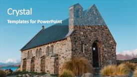  Presentation with church history - Presentation having new zealand in late afternoon background and a teal colored foreground