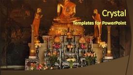  Presentation with temple - Colorful theme enhanced with church offering - shrine inside of a buddhist backdrop and a tawny brown colored foreground