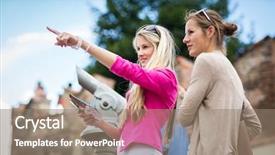  Presentation with women - Colorful presentation theme enhanced with church safety - two pretty young women sightseeing backdrop and a gray colored foreground