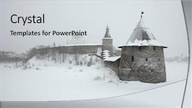  Presentation with flat - Presentation theme featuring church snow covered - russian winter ploskaya flat tower background and a light gray colored foreground