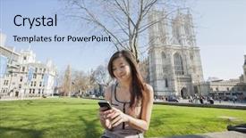  Presentation with cell - Cool new slide deck with church technogoly - young woman using cell phone backdrop and a light blue colored foreground