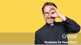  Presentation with happy sad face man - Audience pleasing presentation consisting of church vision - middle age priest man wearing backdrop and a dark gray colored foreground