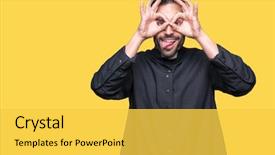  Presentation with christian templar knight looking - Presentation theme featuring church vision - young christian priest over isolated background and a yellow colored foreground