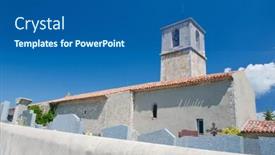  Presentation with cemetery - Audience pleasing presentation theme consisting of church-with-cemetery-in-aiguines backdrop and a ocean colored foreground