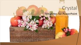  Presentation with rustic spring - Slide set featuring cider bottle with gala apple variety and spring flower blossom in a rustic wooden box isolated over white background background and a lemonade colored foreground