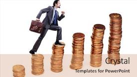  Presentation with stacks of rupee coins - Cool new presentation theme with cimb bank backgrouynd - businessman climbing gold coins stacks backdrop and a  colored foreground