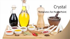  Presentation with cutting board - Colorful slide set enhanced with cinammon oil - various spices selection on cutting backdrop and a white colored foreground