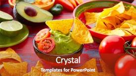  Presentation with mexican chili - Amazing presentation having mexican food nachos and guacamole with chili peppers and sauces backdrop and a tawny brown colored foreground