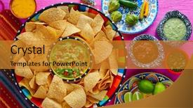  Presentation with nachos - Presentation having nachos with guacamole tortilla chips in sombrero plate and sauces background and a gold colored foreground