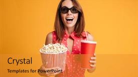  Presentation with popcorn - Presentation theme having cinema - close-up portrait of happy exited background and a gold colored foreground
