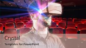  Presentation with virtual reality - PPT theme consisting of cinema - man using a virtual reality background and a coral colored foreground
