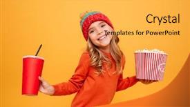  Presentation with group of three young girl - PPT theme featuring cinema - pleased young girl in sweater background and a yellow colored foreground