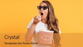  Presentation with glasses - Slide set with cinema - portrait of an excited girl background and a gold colored foreground