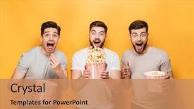  Presentation with popcorn - Slide set enhanced with cinema - three young cheerful men eating background and a coral colored foreground