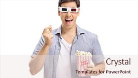  Presentation with popcorn - Beautiful slides featuring cinema - young man with 3-d glasses backdrop and a sky blue colored foreground