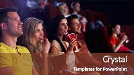  Presentation with popcorn - Amazing PPT layouts having cinema - young people sitting in multiplex backdrop and a tawny brown colored foreground