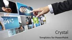  Presentation with photo album - Cool new slide deck with cinema advertising - businessmen and reaching images streaming backdrop and a light gray colored foreground