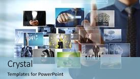  Presentation with photo album - Colorful slide deck enhanced with cinema advertising - businessmen and reaching images streaming backdrop and a light blue colored foreground