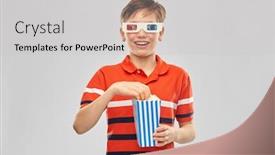  Presentation with movie popcorn - Amazing PPT theme having cinema-and-people-concept-portrait backdrop and a light gray colored foreground