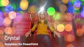  Presentation with movie theater - Slide deck with cinema entertainment and people concept - young woman watching movie alone in empty theater auditorium background and a tawny brown colored foreground