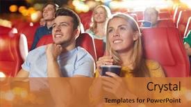  Presentation with movie theater - Cool new PPT theme with cinema entertainment and people concept backdrop and a red colored foreground