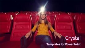  Presentation with movie theater - Presentation design with cinema entertainment and people concept - young woman watching movie alone in empty theater auditorium background and a wine colored foreground
