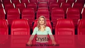  Presentation with movie theater - Beautiful presentation design featuring cinema entertainment and people concept - young woman watching movie alone in empty theater auditorium backdrop and a crimson colored foreground