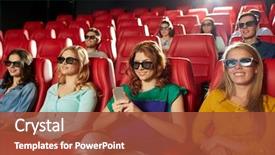  Presentation with movie theater - Amazing PPT theme having cinema technology entertainment and people backdrop and a red colored foreground