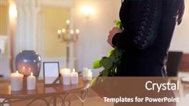  Presentation with funeral roses - Beautiful slides featuring cremation people and mourning concept - close up of woman with red roses and cinerary urn at funeral in church backdrop and a coral colored foreground