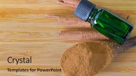  Presentation with essential oil bottles and rosemary - Theme consisting of cinnamon essential concentrate oil extract background and a  colored foreground