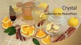  Presentation with ginger lemon drink - PPT theme featuring cinnamon spice eucalyptus aromatherapy oil background and a coral colored foreground