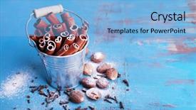  Presentation with cinnamon - Amazing slide set having cinnamon sticks in metal bucket nutmeg and cloves on color wooden table background backdrop and a light blue colored foreground