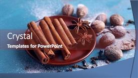  Presentation with cinnamon - Presentation design featuring cinnamon sticks star anise nutmeg and cloves on color wooden table background background and a tawny brown colored foreground