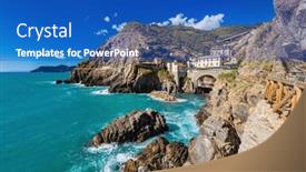  Presentation with station - Presentation theme featuring cinque-terre-coast-with-walking background and a teal colored foreground