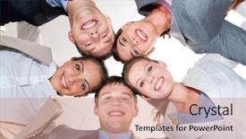  Presentation with team together everyone achieves more - Slides having circle friends - team of businesspeople joining heads background and a  colored foreground