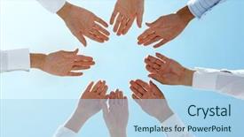  Presentation with holding people in hands - Colorful presentation theme enhanced with circle of people hand backdrop and a light blue colored foreground