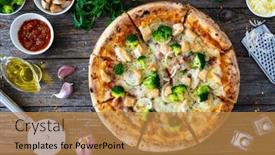  Presentation with mozzarella cheese - PPT theme having circle-pizza-broccoli-with-chicken background and a gold colored foreground